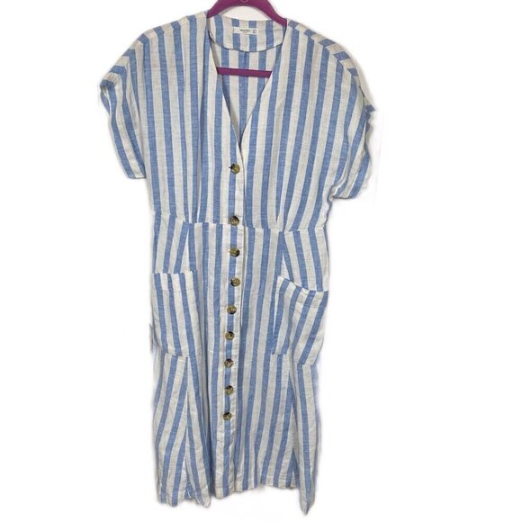 Mango Women's Blue Striped Linen Dress button up.  Blogger favorite Sz S - Picture 3 of 10